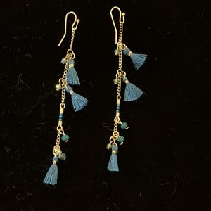 Blue tassel and gold tone boho earrings.